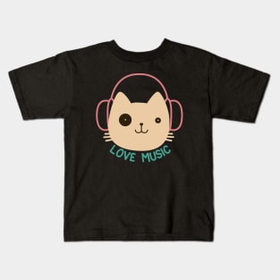 cute cat music with headset - listining musics Kids T-Shirt